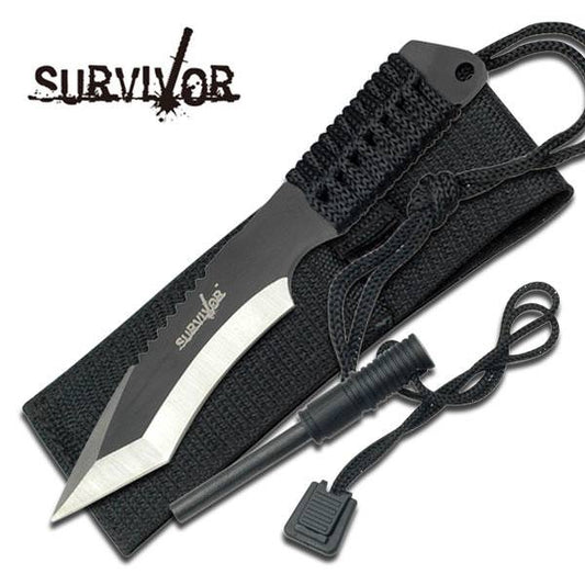 7" Full Tang Tanto Survival Knife With Sheath And Fire Starter