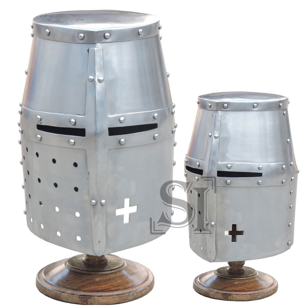 Medieval Templar Crusader Knight Armor Helmet with Wooden Stand