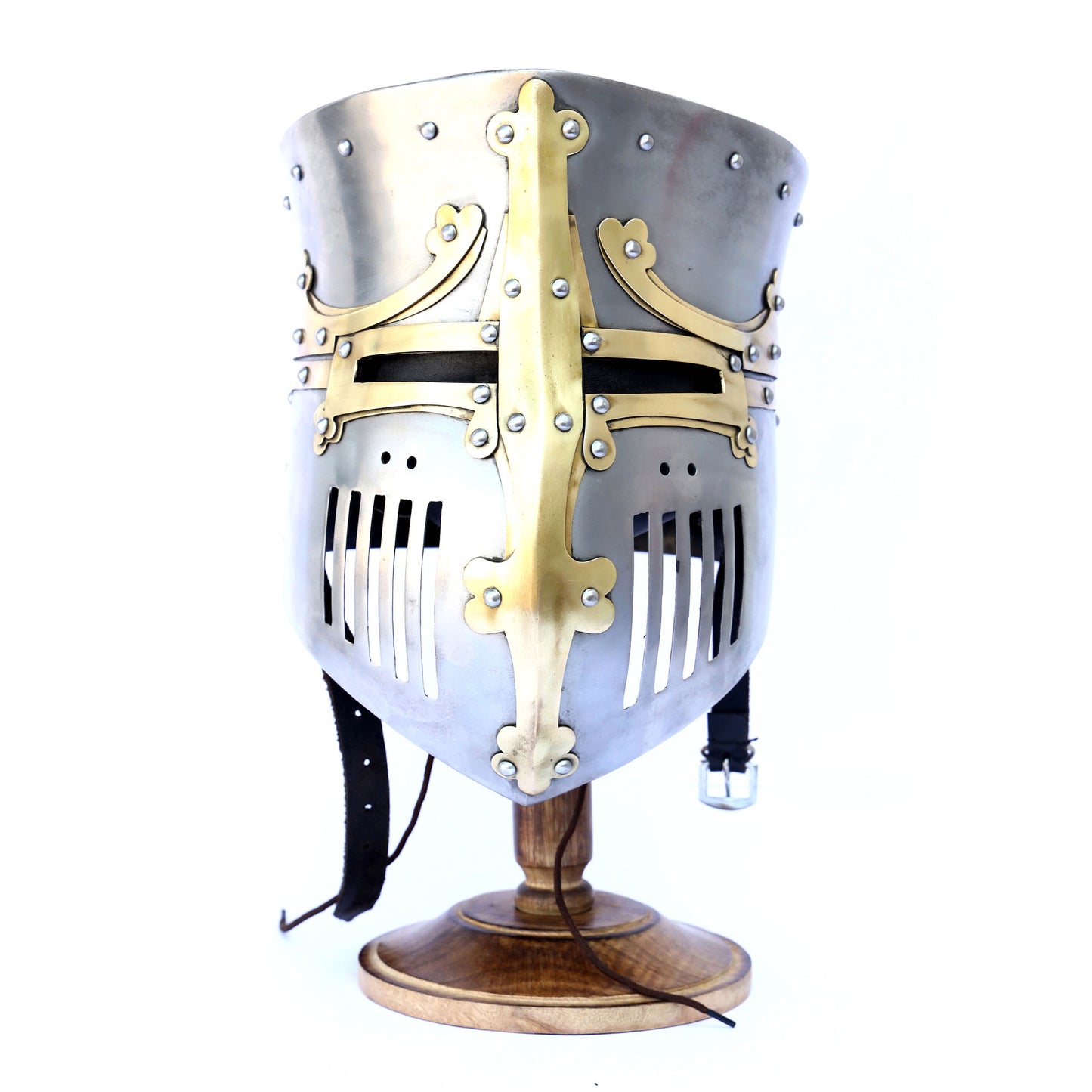 13th Century Great Pot Helm with Brass Crown and Cross Medieval Helmet