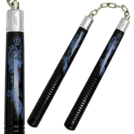 12" Black Wooden Nunchucks with Dragon Graphic