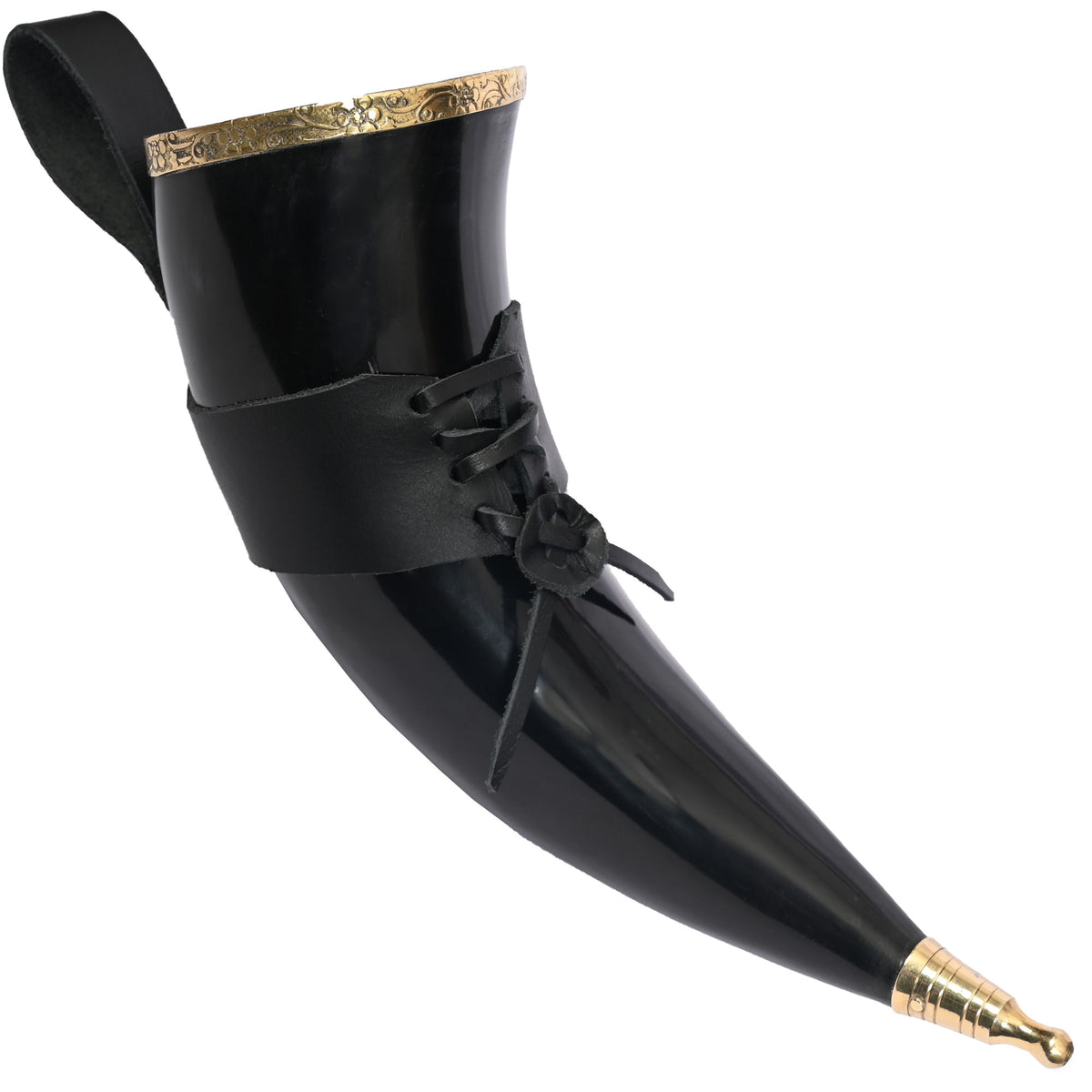 Brass Medieval Drinking Horn 15 oz with Black Leather Holster - TOPHATTER'S ARMORY DEALS