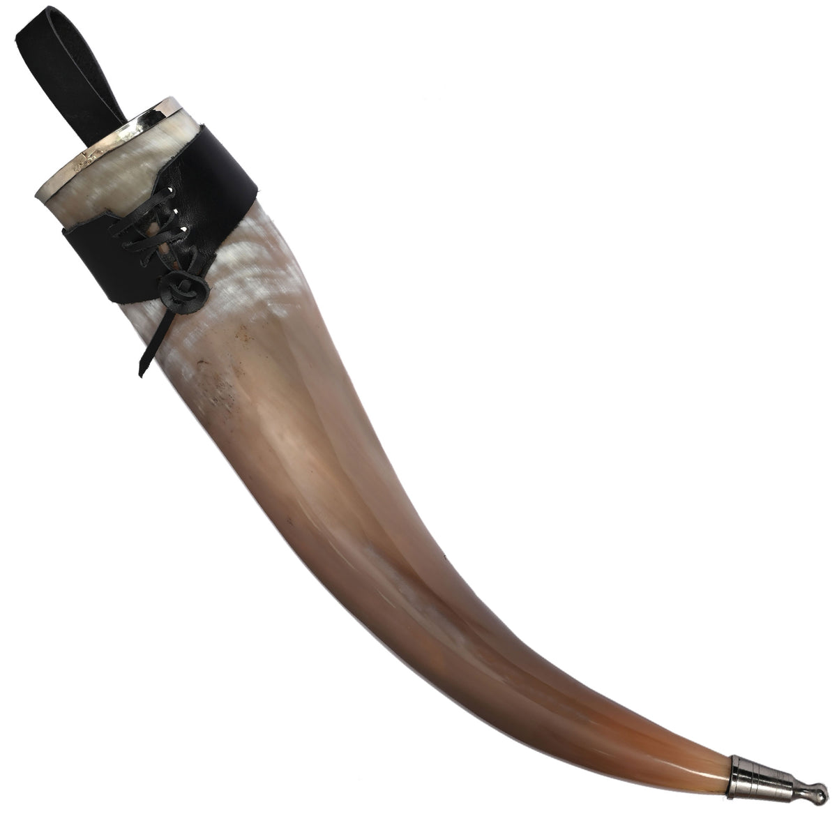 Silver Rim Medieval Drinking Horn 24oz with Black Leather Holster - TOPHATTER'S ARMORY DEALS