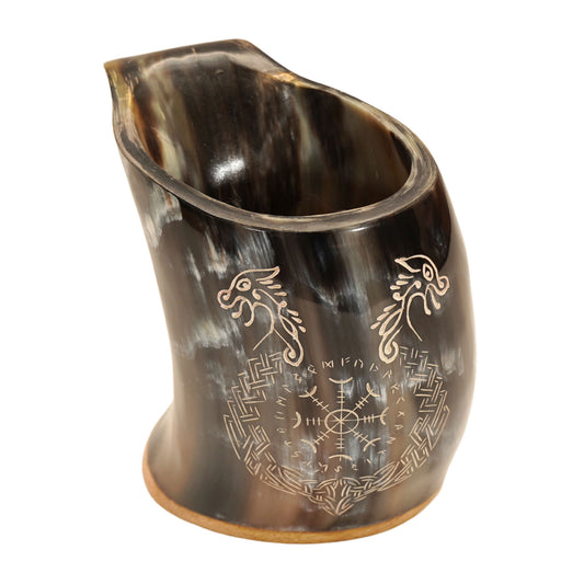 Compass Design Hand Carved Viking Drinking Horn Tankard Mug