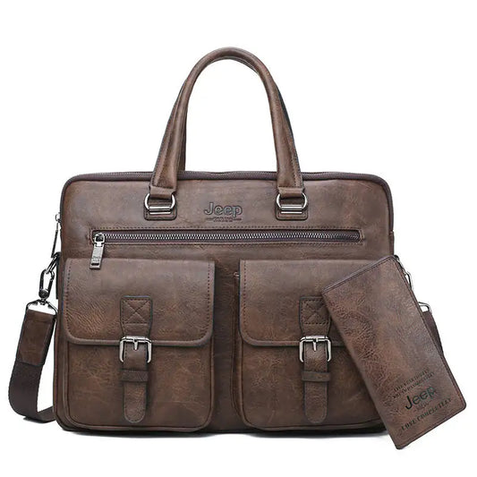 Men's Split Leather Business Briefcase Bag Set (Brown 8006-8888)