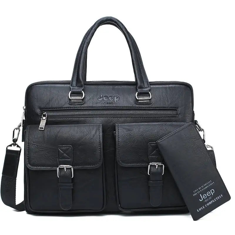 Men's Split Leather Business Briefcase Bag Set (Black 8006-8888)