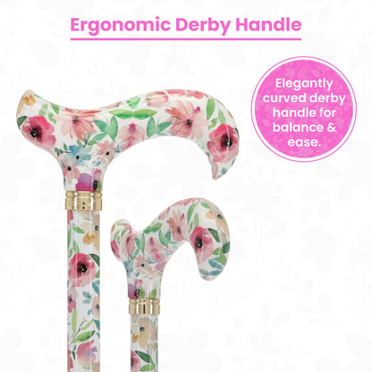 Watercolor Flowers: Designer Adjustable Cane w/ Patterned Handle