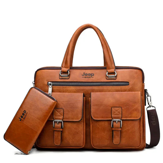 Men's Split Leather Business Briefcase Bag Set (Orange 8006-8888)
