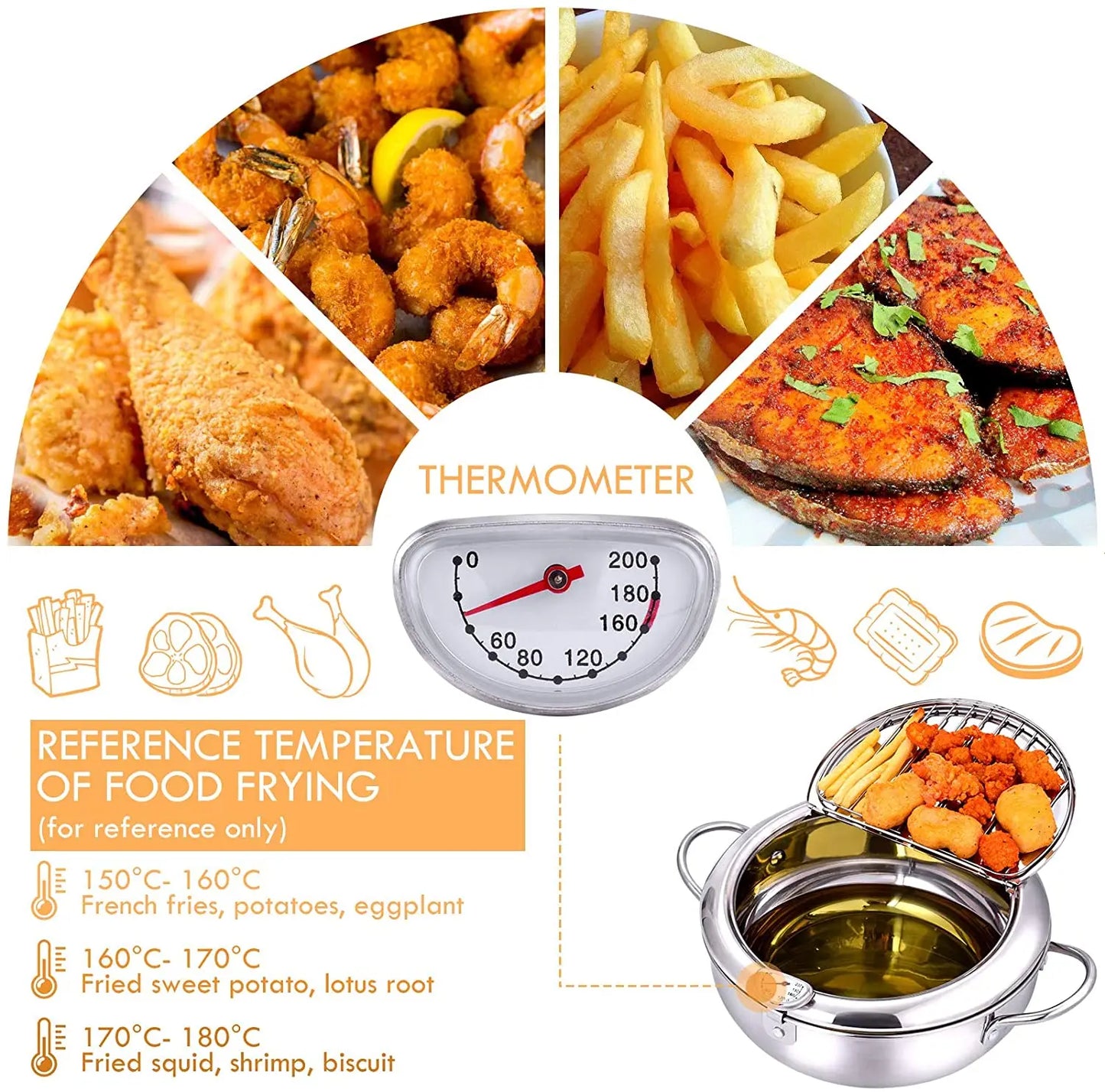 304 Stainless Steel Deep Frying Pot with Thermometer And Lid Silver