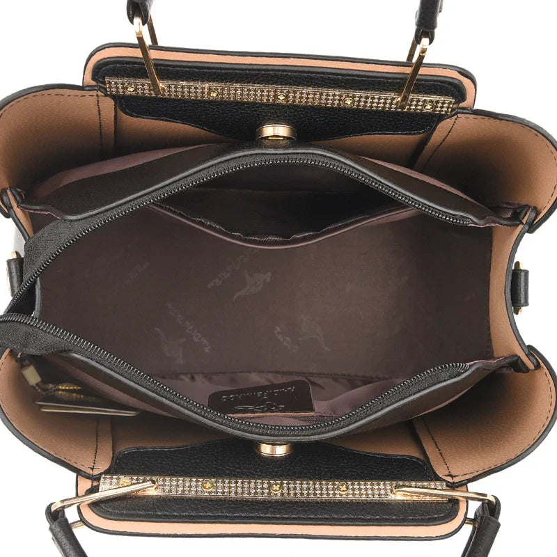 3-Layer Leather Shoulder Tote Crossbody Bag