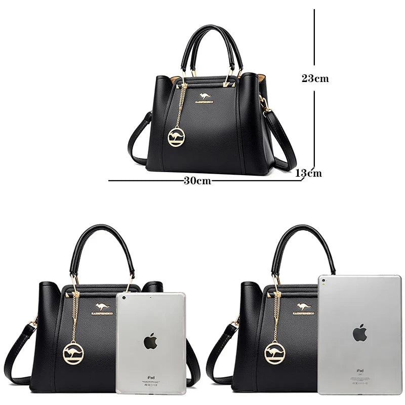 3-Layer Leather Shoulder Tote Crossbody Bag