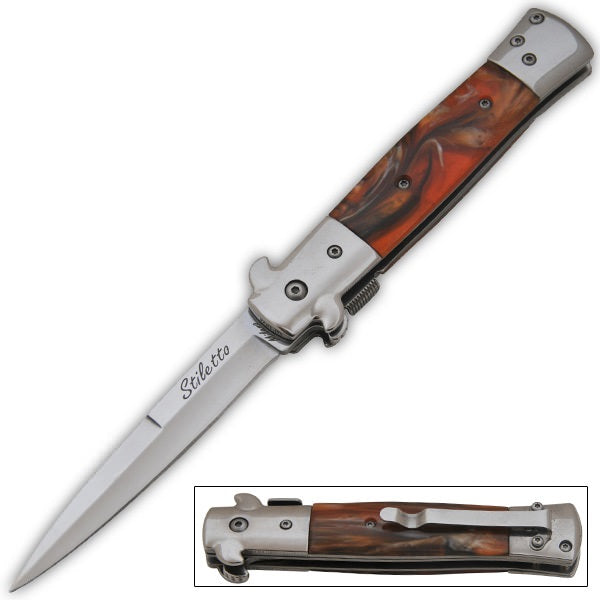 9 Inch Italian Stiletto Tactical Spring Assisted Open Pocket Knife Brown
