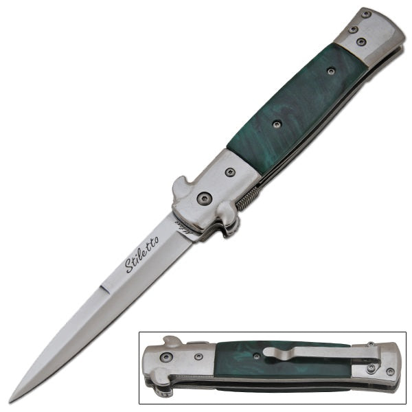 9 Inch Italian Stiletto Tactical Spring Assisted Open Pocket Knife Green - TOPHATTER'S ARMORY DEALS
