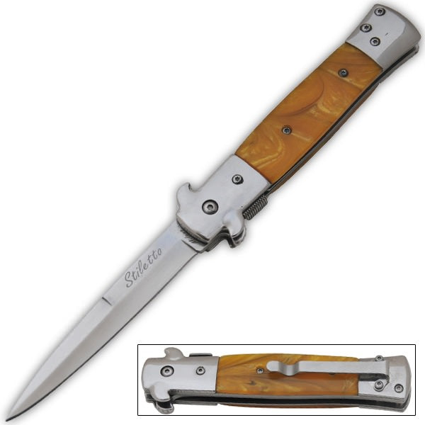 9 Inch Italian Stiletto Tactical Spring Assisted Open Pocket Knife Yellow - TOPHATTER'S ARMORY DEALS