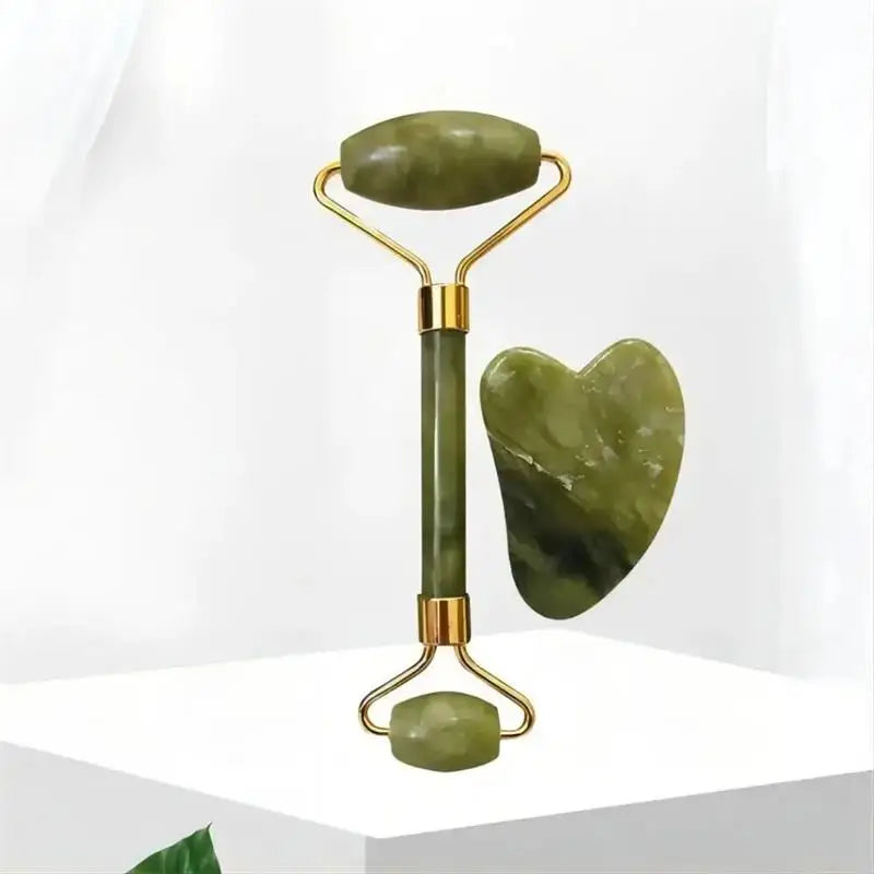 Jade Facial Roller & Gua Sha Scraping Too; Beauty Massager Green
