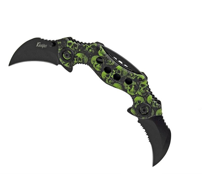 Double Trouble Dual Blade Karambit Assisted Open Knife - Green Skull Camo - TOPHATTER'S ARMORY DEALS