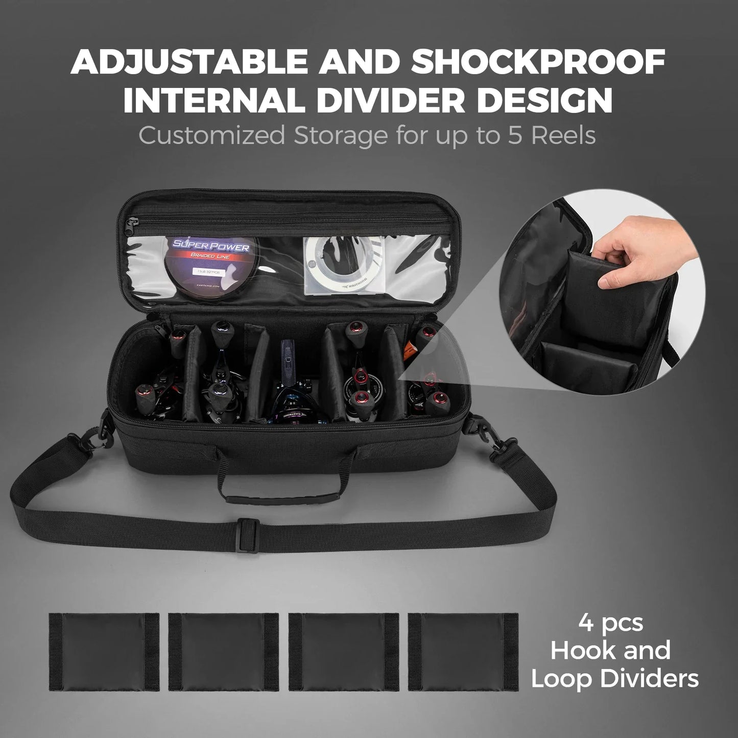 Fishing Tackle Reel Case with Shockproof Dividers