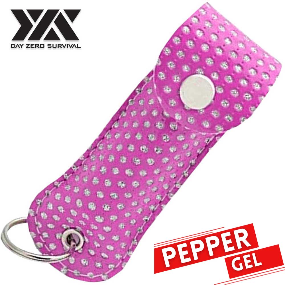 DZS Tactical Defense Pepper Gel - Pink Bling Keychain Leather Case - TOPHATTER'S ARMORY DEALS