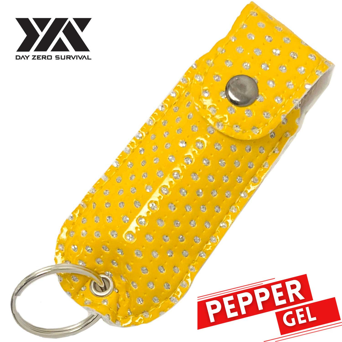 DZS Tactical Defense Pepper Gel - Yellow Bling Keychain Leather Case - TOPHATTER'S ARMORY DEALS