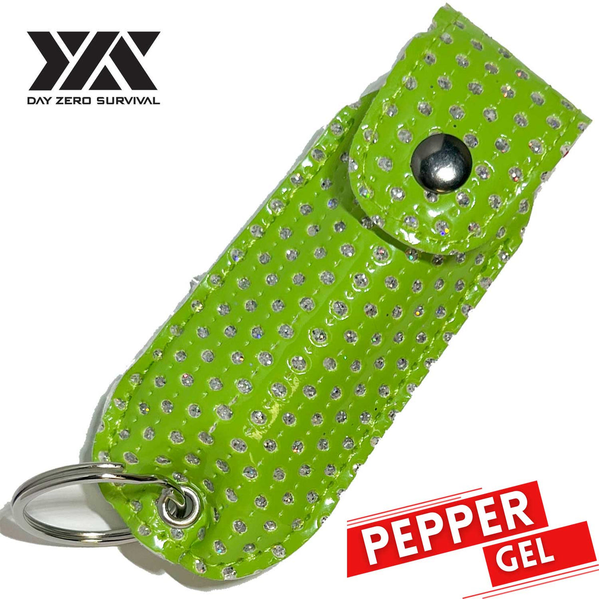 DZS Tactical Defense Pepper Gel - Green Bling Keychain Leather Case - TOPHATTER'S ARMORY DEALS