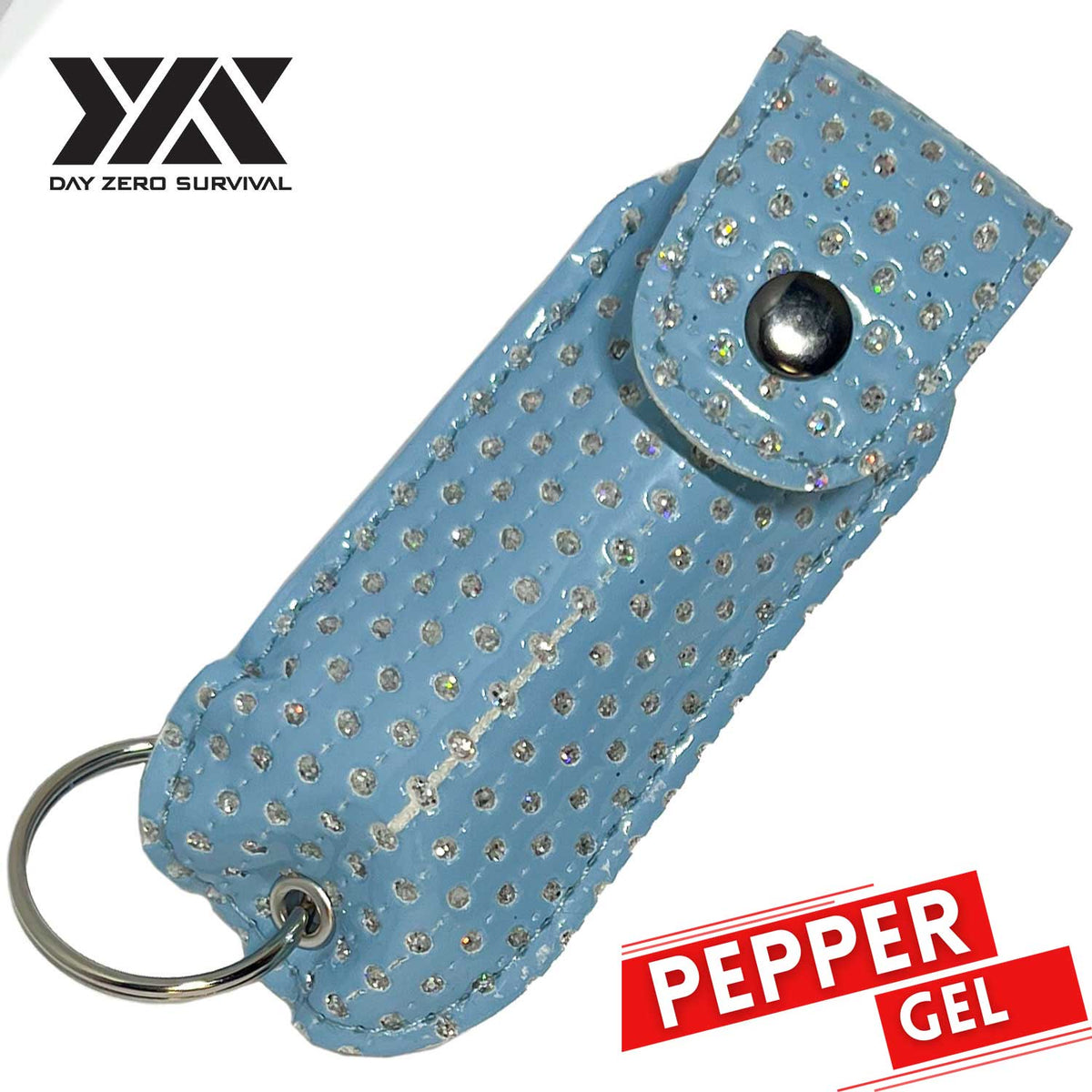 DZS Tactical Defense Pepper Gel - Light Blue Bling Keychain Leather Case - TOPHATTER'S ARMORY DEALS