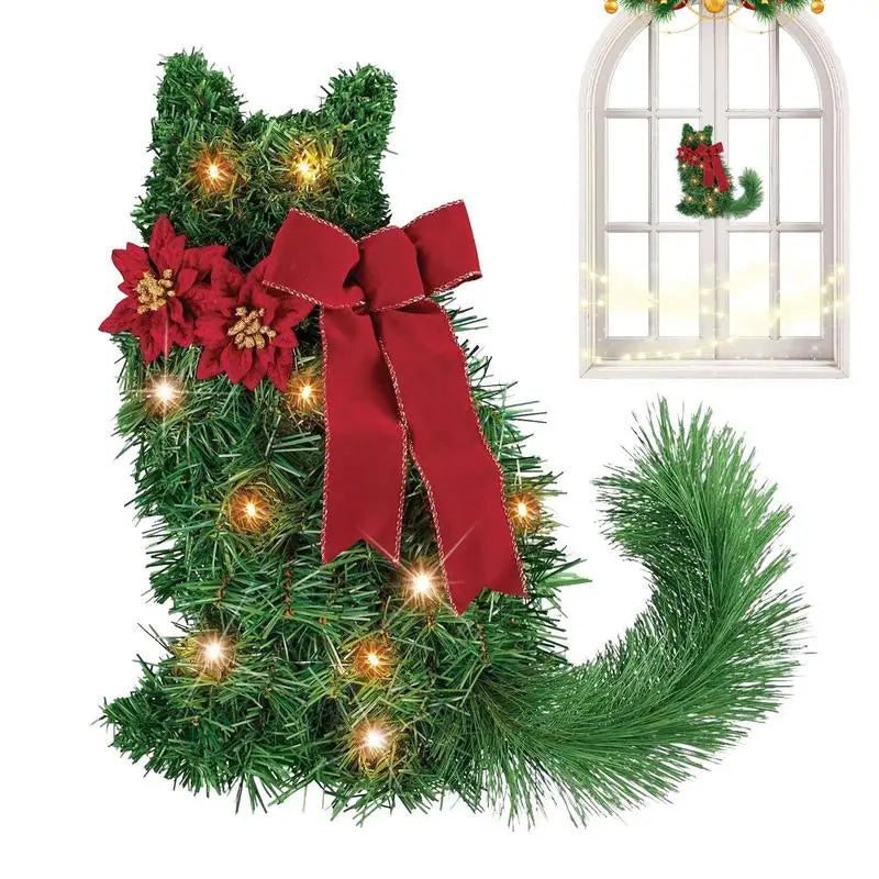 LED Christmas Cat Wreath with Pine Needles and Lights