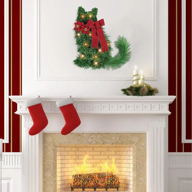 LED Christmas Cat Wreath with Pine Needles and Lights