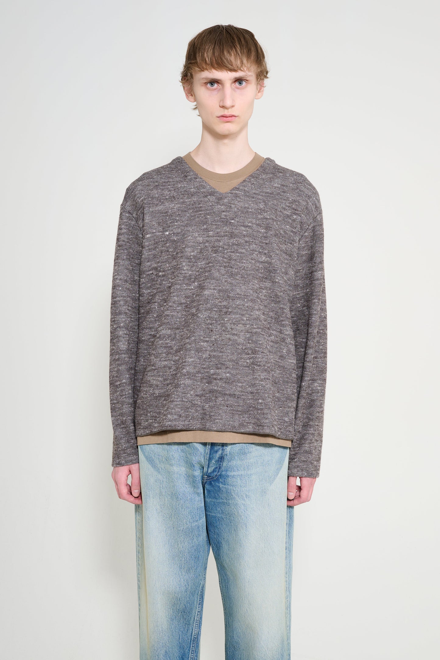 Lady White Co. Linen Wool V Neck Brown Melange