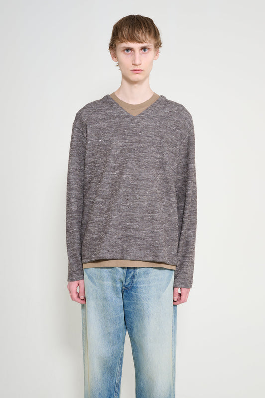 Lady White Co. Linen Wool V Neck Brown Melange