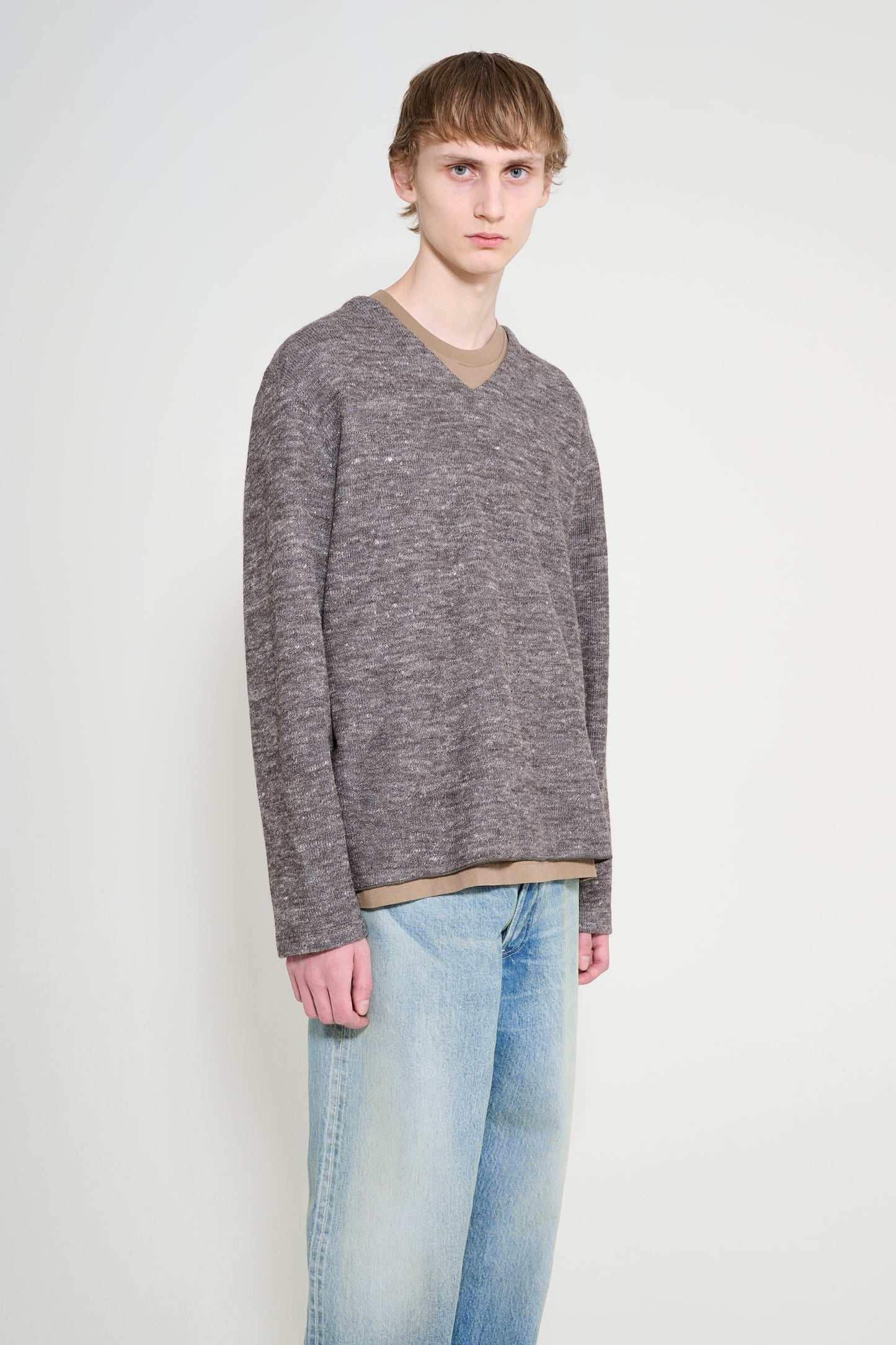 Lady White Co. Linen Wool V Neck Brown Melange
