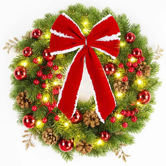 LED Christmas Wreath with Large Red Bow and Colored Balls