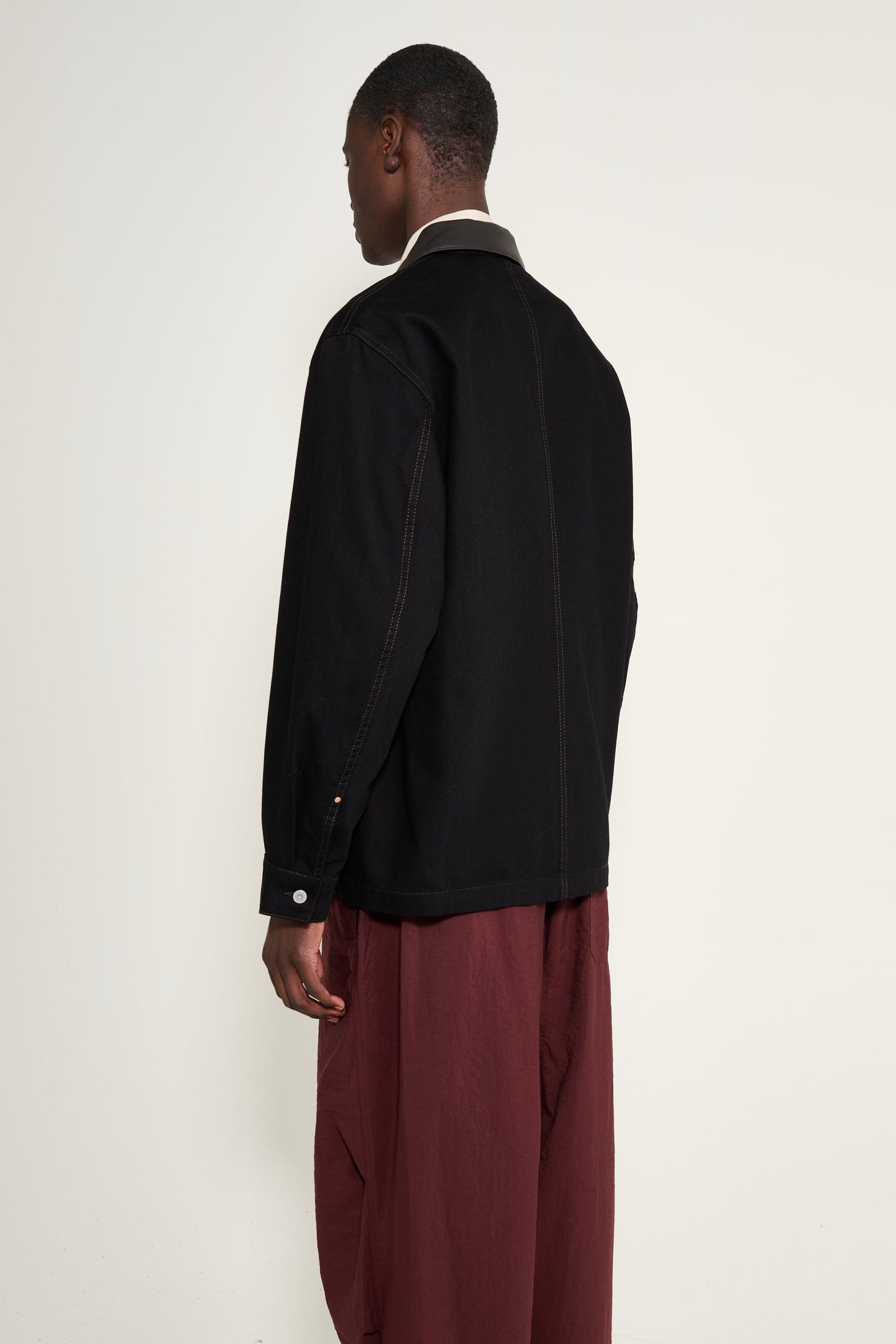 Lemaire Workwear Overshirt Jacket With Leather Collar Black