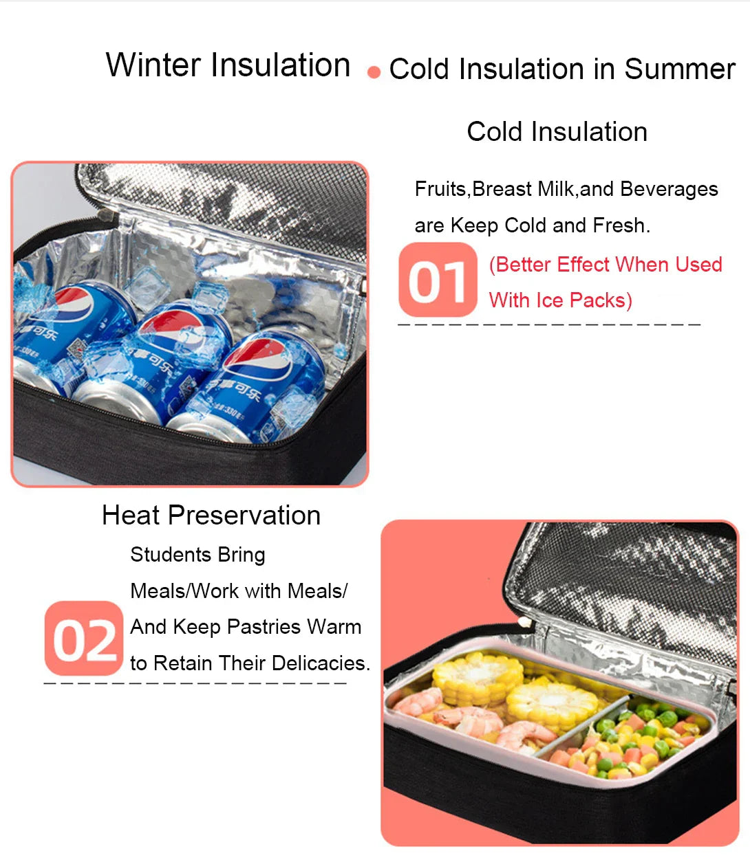 Small Insulated Lunch Box Bag for Work Picnic (Black)
