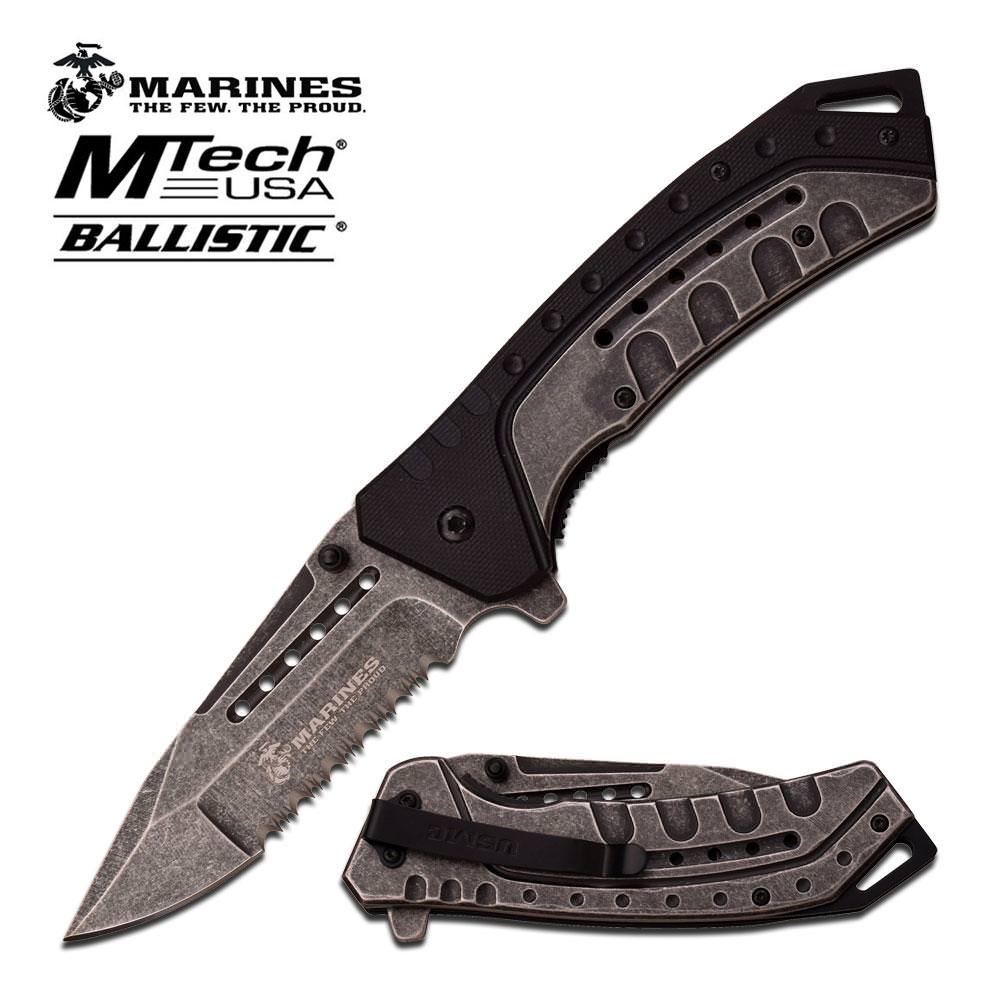 Mtech USMC Marines Gray Serrated Blade Black Spring-Assist Folding Pocket Knife
