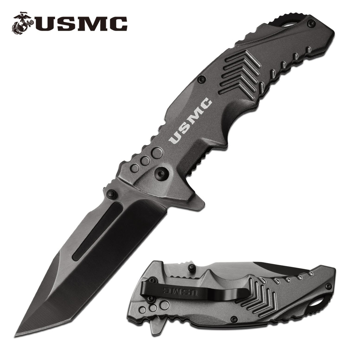 Official USMC 3.5" Tanto Blade Tactical Edc Grey Spring-Assist Folding Pocket Knife - TOPHATTER'S ARMORY DEALS