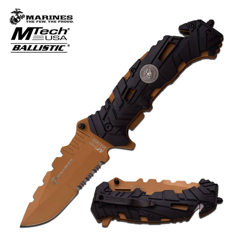USMC Marines Tactical Folding Spring Assist Knife Serrated Desert Tan