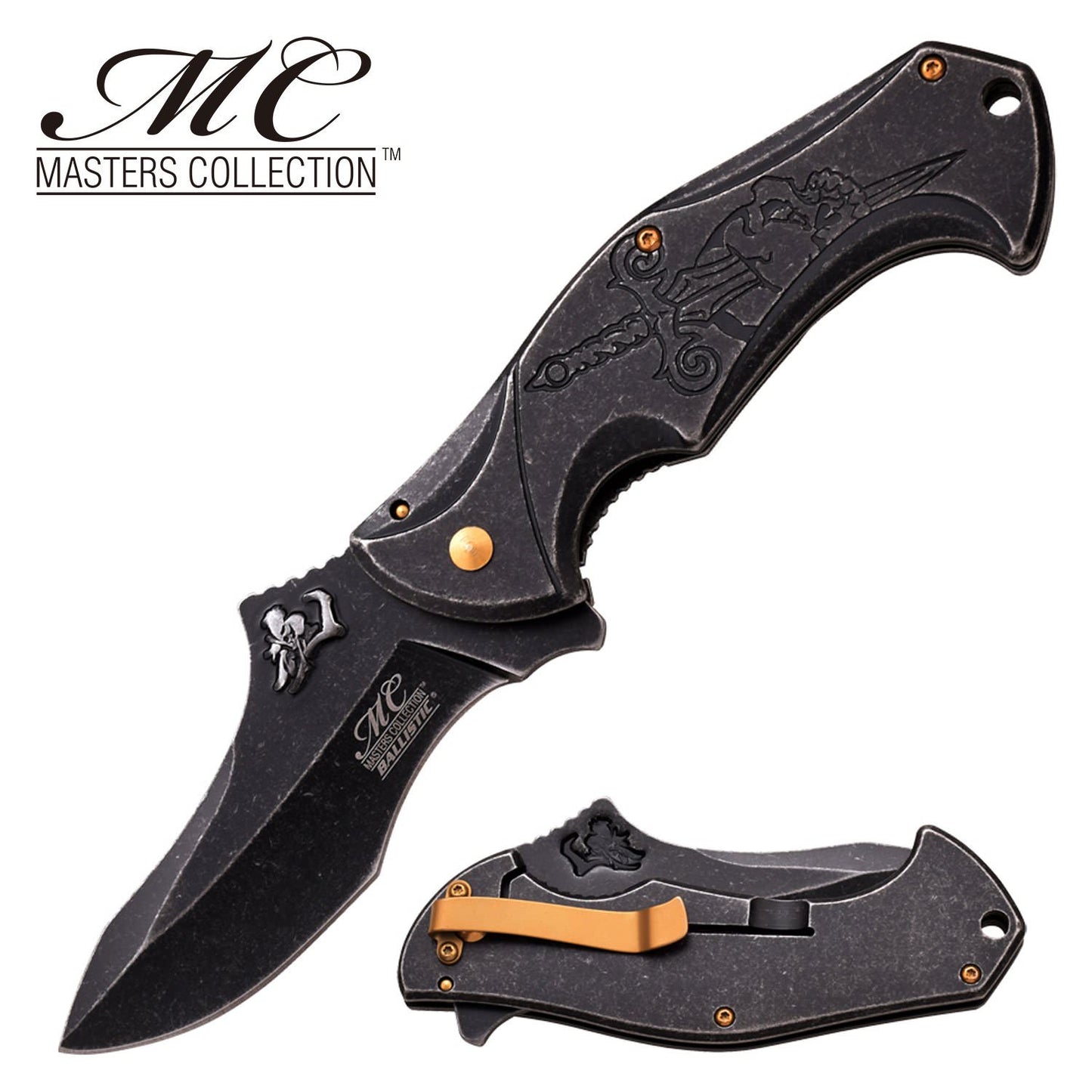 Spring Assist Folding Pocket Knife Gray Stone Skull Dagger Fantasy