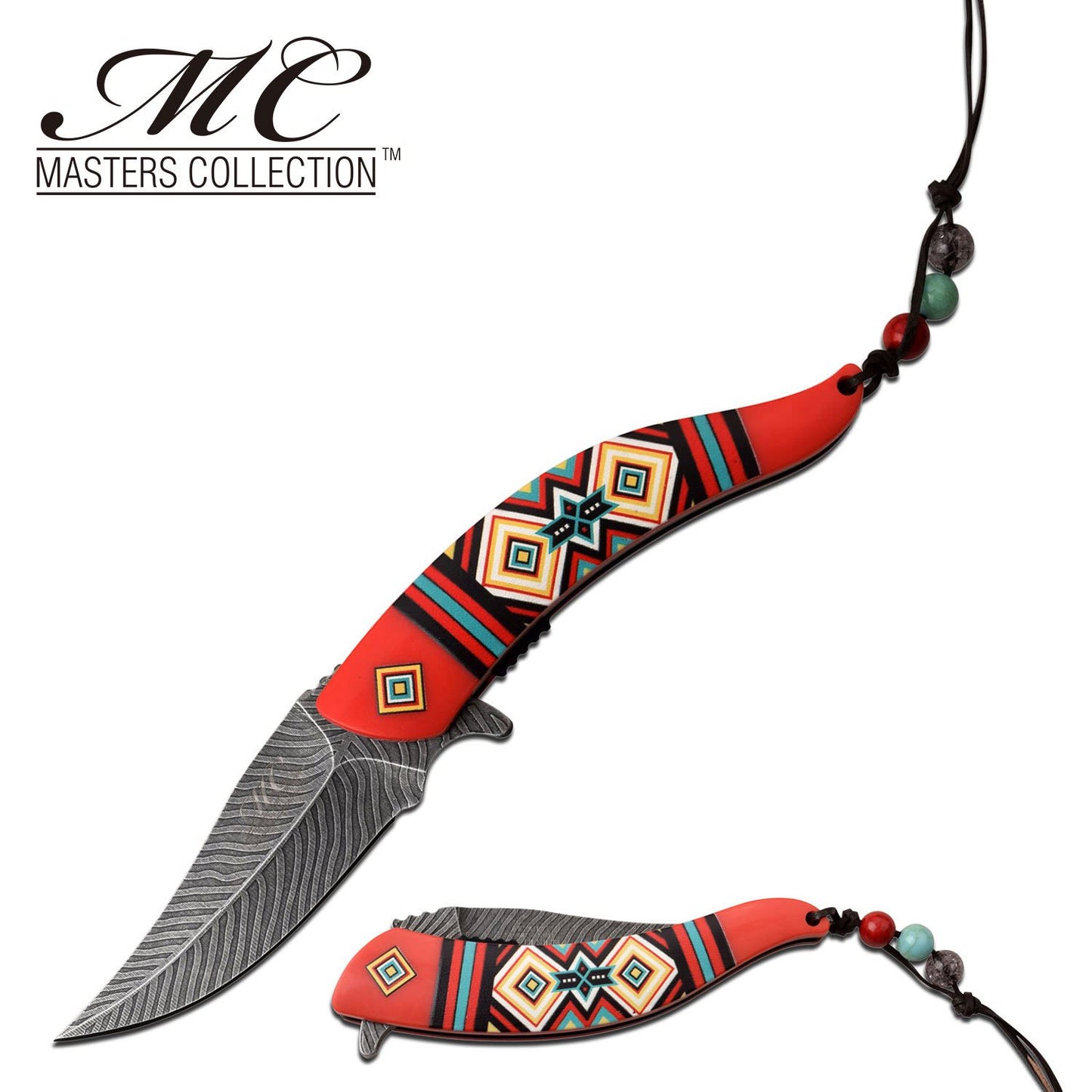 8.5" Damascus Style Red Spring Assist Folding Pocket Knife