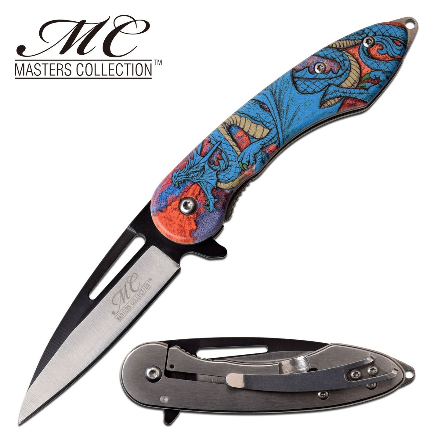 3" Blade Embossed Fantasy Blue Dragon Tactical Spring-Assist Folding Pocket Knife