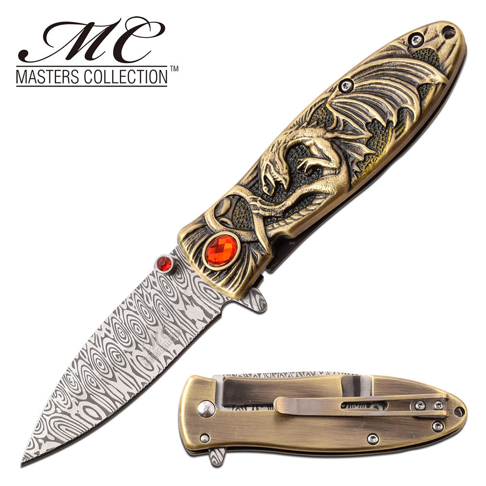 Red Ruby Ancient Gold Enchanted Fantasy Dragon Blade Spring-Assist Folding Knife