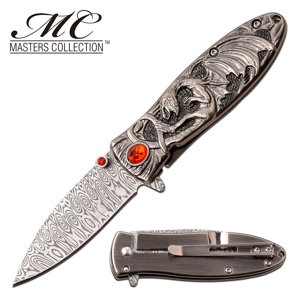Red Ruby Ancient Silver Enchanted Fantasy Dragon Blade Spring-Assist Folding Knife