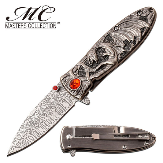 Red Ruby Ancient Silver Enchanted Fantasy Dragon Blade Spring-Assist Folding Knife
