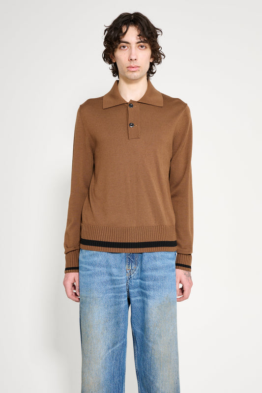 Margaret Howell Heavy Trim Polo Extrafine Merino Wool Tobacco / Black