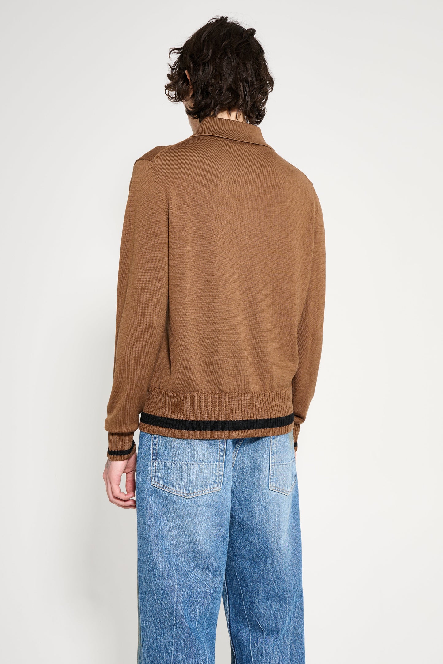 Margaret Howell Heavy Trim Polo Extrafine Merino Wool Tobacco / Black
