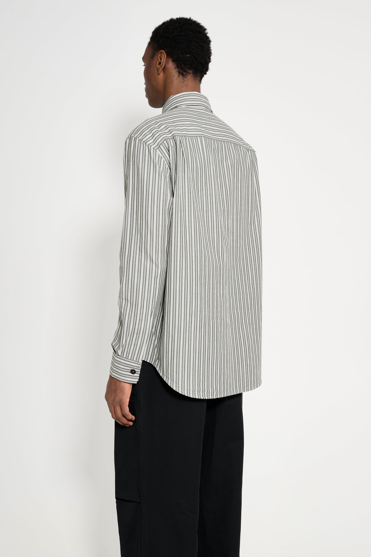 Margaret Howell MHL Basic Shirt Two Tone Cotton Stripe Forest / Grey