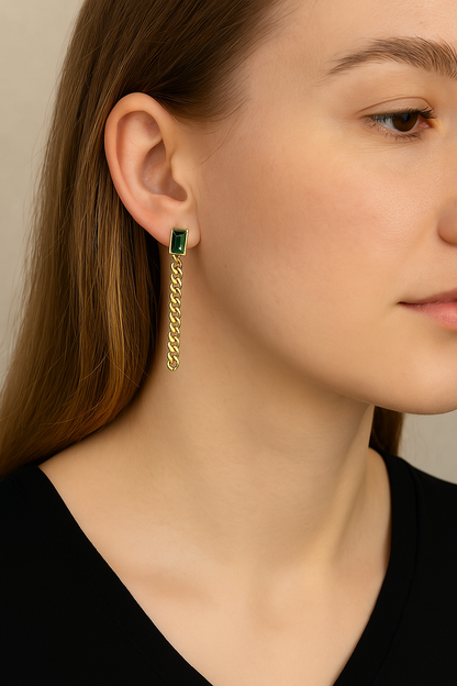 Dangle Chain Earrings with Cubic Zirconia Emerald and Gift Pouch