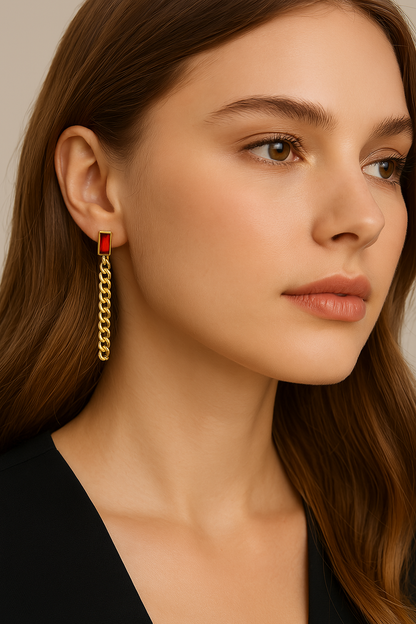 Dangle Chain Earrings with Cubic Zirconia Emerald and Gift Pouch