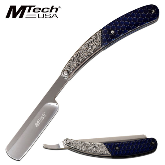 Straight Razor Mtech 9.75" Overall Ornate Barber Shaving Blade - Blue