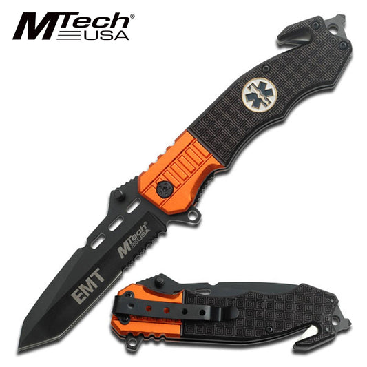 EMT Paramedic Orange Black Tanto Folding Pocket Knife