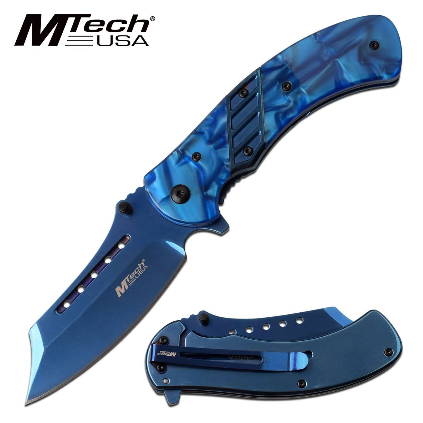 Mtech 3.6" Mirror Blade Blue Pearl Handle EDC Spring-Assist Folding Knife