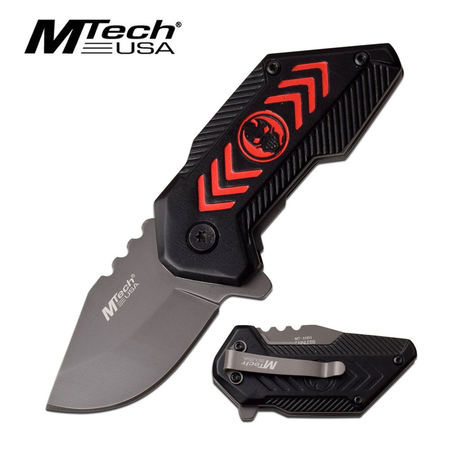 Mtech Compact 1.75" Blade Black Red Skull Spring-Assist Folding Knife